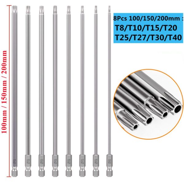 8 pièces embout de tournevis Torx 1/4 ''tige hexagonale tête de perceuse à vent 150mm 200mm clé à vis magnétique étoile T8 T10 T15 T20 T25 T27 T30 T40 – Image 2