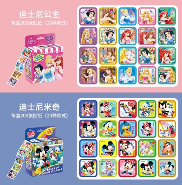 Autocollants dessin animé Disney, 200 feuilles/boîte, autocollants princesse Disney, Mickey Mouse, Minnie, la reine des neiges, mignon Kawaii, jouet pour bébé fille – Image 3