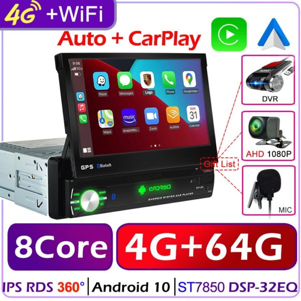 Autoradio Android, écran rétractable IPS 7 ", Navigation GPS, CarPlay, lecteur multimédia universel Audio/vidéo, sans DVD, 1 Din