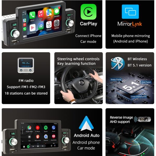 Autoradio CarPlay 5 "Android-Auto, 1 Din, Poste Radio Voiture, Lecteur MP5, Stéréo, Bluetooth, Mains Libres, A2DP, USB, Récepteur FM, Système Audio, F160C – Image 2