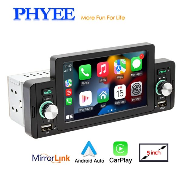 Autoradio CarPlay 5 "Android-Auto, 1 Din, Poste Radio Voiture, Lecteur MP5, Stéréo, Bluetooth, Mains Libres, A2DP, USB, Récepteur FM, Système Audio, F160C