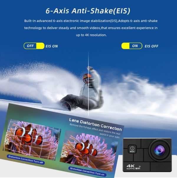Cam ra d action Anti secousse avec objectif Sony Fisheye 386 Ultra HD 4K 60fps 24MP 2