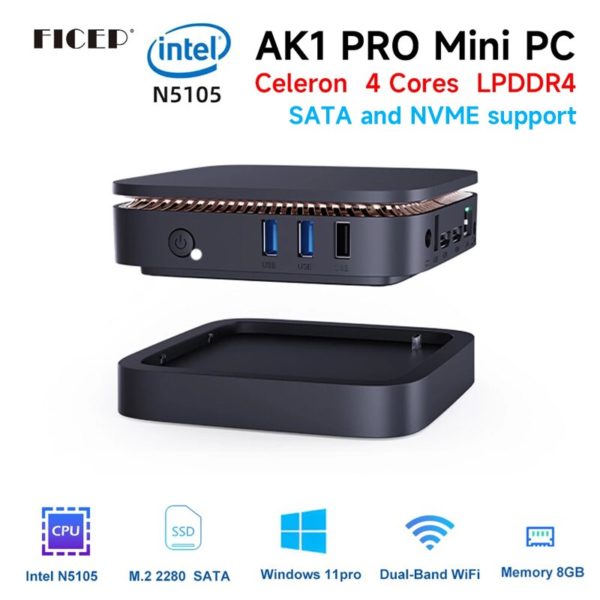 Ficep AK1 Pro Mini Pc Windows 11 Pro Intel Celeron N5105 DDR4 8 GO 256 GO
