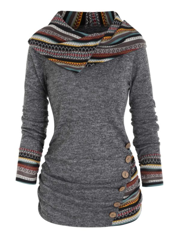 Haut Tribal rayures g om triques pour femmes tricot capuche manches longues faux boutons d contract 1