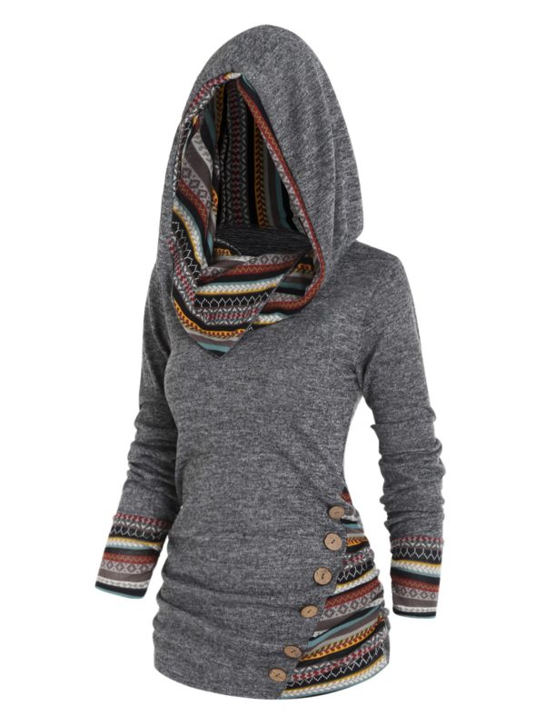 Haut Tribal rayures g om triques pour femmes tricot capuche manches longues faux boutons d contract