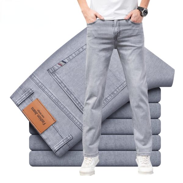 Jean de marque pour homme, coupe droite, léger, en coton, extensible, décontracté, taille haute, léger, gris clair, 2023 – Image 2