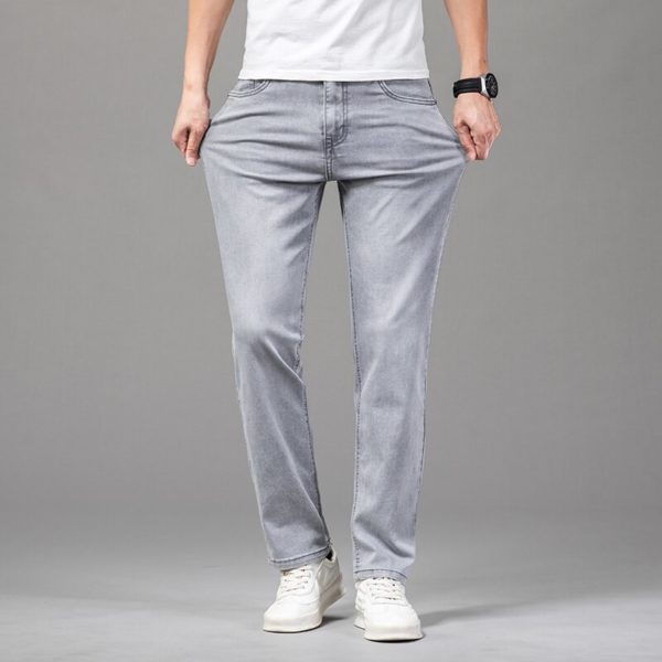 Jean de marque pour homme, coupe droite, léger, en coton, extensible, décontracté, taille haute, léger, gris clair, 2023 – Image 5