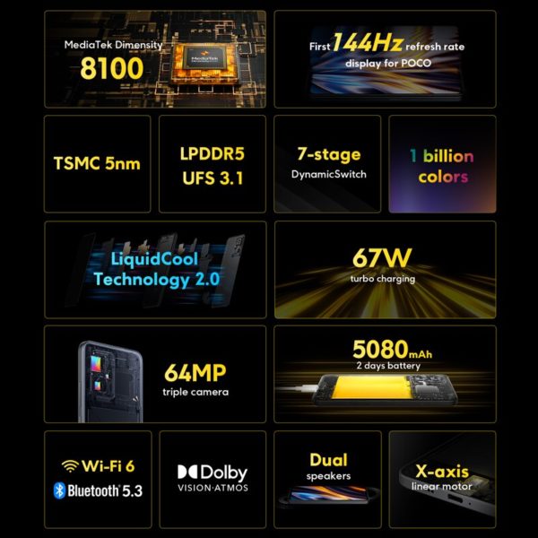 POCO X4 GT – Smartphone 5G, premier au monde, 128 go/256 go, dimensions 8100 144Hz, affichage dynamique, Triple caméra 64mp, charge 67W – Image 2