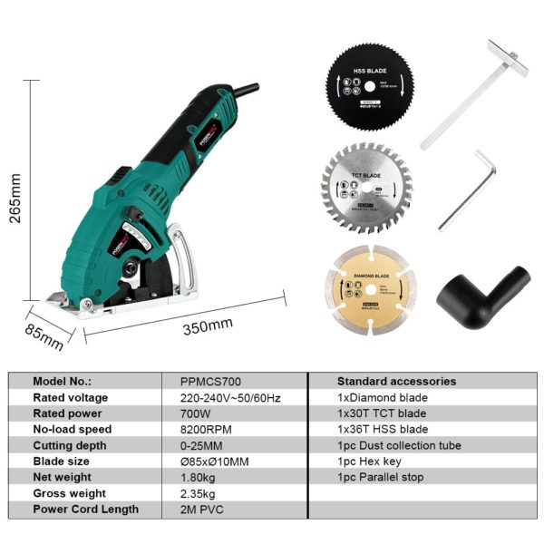 POSENPRO Mini scie circulaire lectrique 700W coupe carrelage 3 lames Guide parall le outils de fixation 1