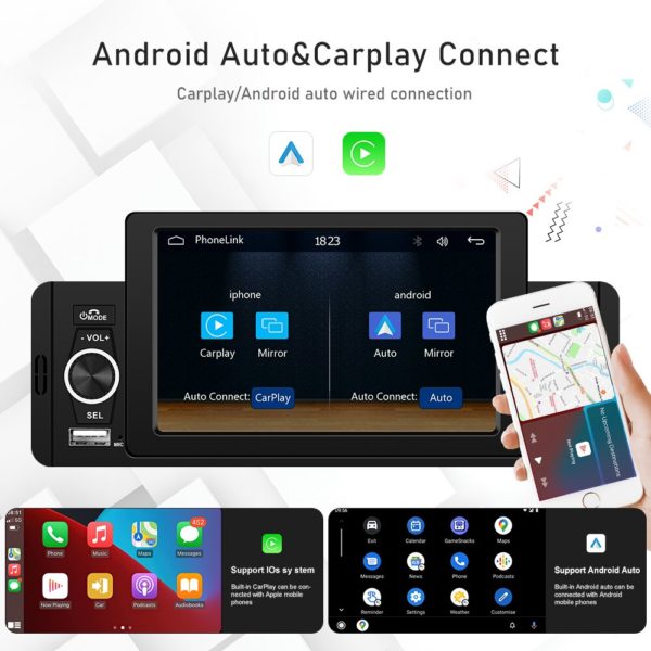 Podofo autoradio Android lecteur multim dia r cepteur FM Bluetooth MirrorLink CarPlay 1 Din pour voiture 1