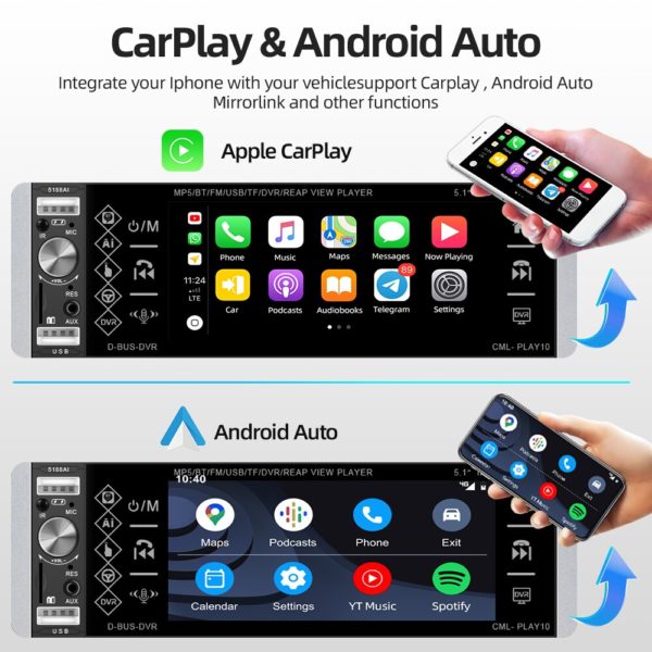 Podofo – lecteur MP5 1din Autoradio tactile FM 4-usb 5.1 pouces, Support Android Mirrorlink Bluetooth Carplay Autoradio DVR – Image 3