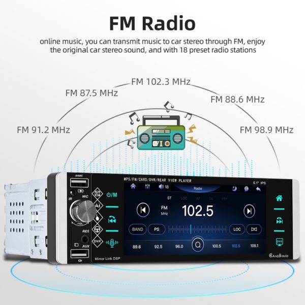 Podofo – lecteur MP5 1din Autoradio tactile FM 4-usb 5.1 pouces, Support Android Mirrorlink Bluetooth Carplay Autoradio DVR – Image 5