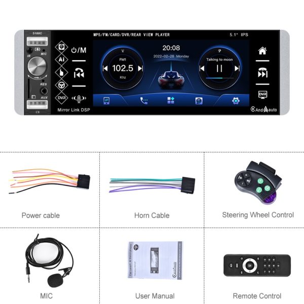 Podofo – lecteur MP5 1din Autoradio tactile FM 4-usb 5.1 pouces, Support Android Mirrorlink Bluetooth Carplay Autoradio DVR – Image 6