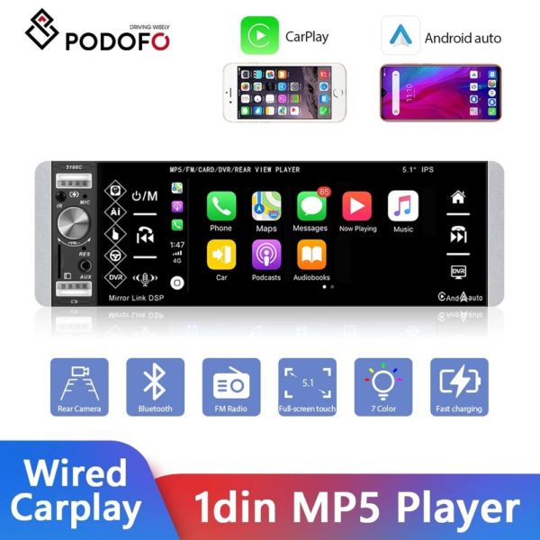 Podofo – lecteur MP5 1din Autoradio tactile FM 4-usb 5.1 pouces, Support Android Mirrorlink Bluetooth Carplay Autoradio DVR