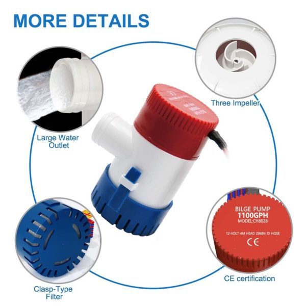 Pompe de cale électrique 12/24V, 350/500/750/1100GPH, pour bateau, accessoires de pompe à eau Marine Submersible, faible bruit – Image 4