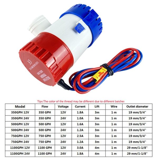Pompe de cale électrique 12/24V, 350/500/750/1100GPH, pour bateau, accessoires de pompe à eau Marine Submersible, faible bruit – Image 6
