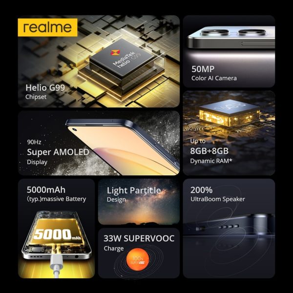 Realme Smartphone 10 Helio G99 cran Super AMOLED 90Hz batterie 5000mAh Charge 33W cam ra AI