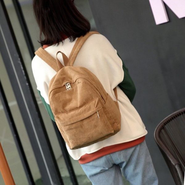 Sac à dos d'école en velours côtelé pour femmes, à la mode, de couleur Pure, pour adolescentes – Image 4