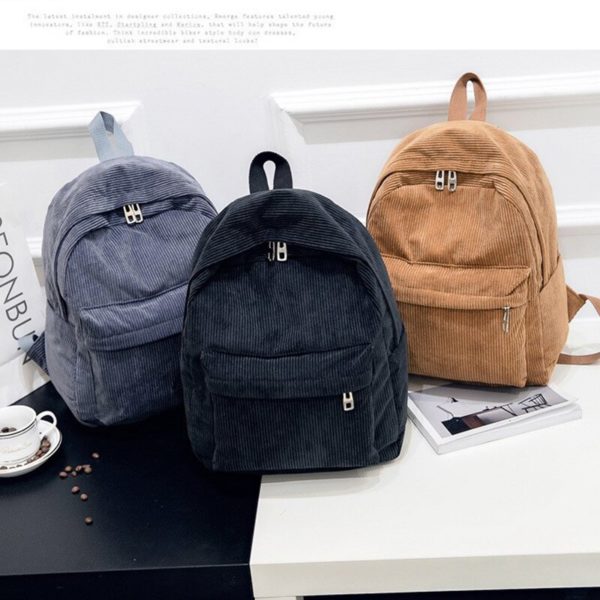 Sac à dos d'école en velours côtelé pour femmes, à la mode, de couleur Pure, pour adolescentes – Image 6