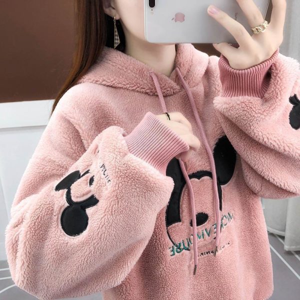 Sweat-shirt à capuche imprimé DISNEY Mickey Mouse, doublure en peluche épaisse, ample, mode coréenne, assorti, oversize, Kawaii – Image 3