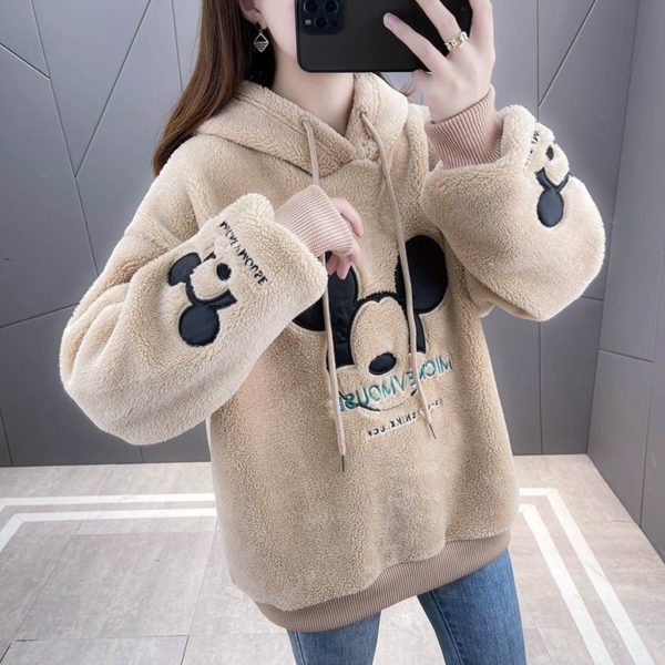 Sweat-shirt à capuche imprimé DISNEY Mickey Mouse, doublure en peluche épaisse, ample, mode coréenne, assorti, oversize, Kawaii – Image 4