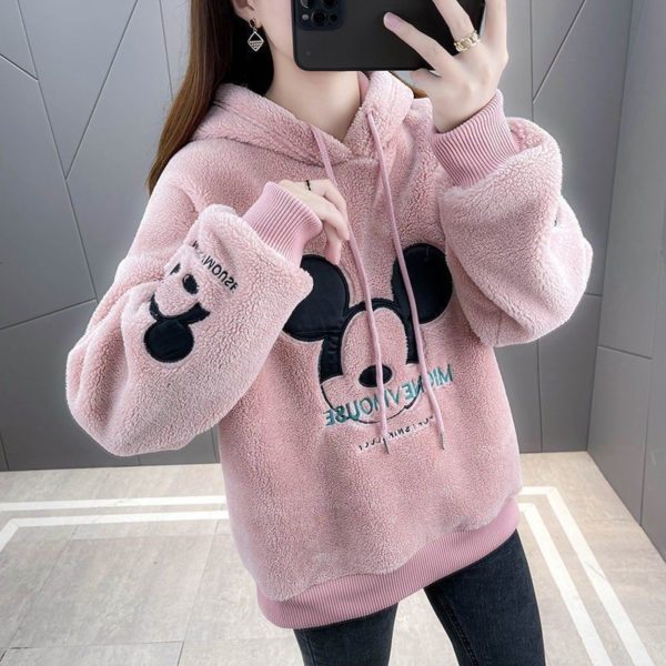 Sweat-shirt à capuche imprimé DISNEY Mickey Mouse, doublure en peluche épaisse, ample, mode coréenne, assorti, oversize, Kawaii – Image 6
