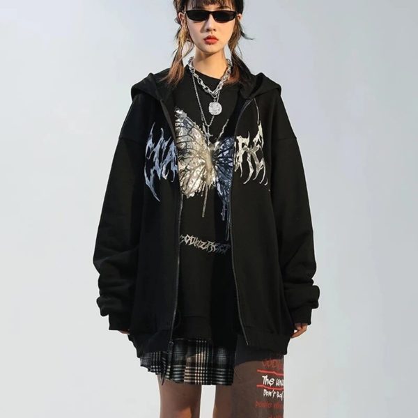 Sweat shirt capuche style Hip Hop pour femme Streetwear automne fermeture clair papillon esth tique Harajuku 1