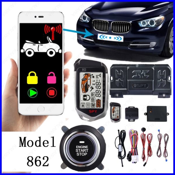 Système d'alarme de voiture bidirectionnel, espion, Bluetooth, application allemande, démarrage du moteur, 2 LCD, télécommande 5000M, bouton poussoir de sécurité, entrée sans clé, PKE 862