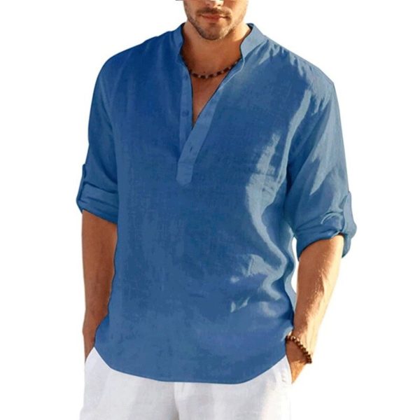 T Shirt manches longues en lin pour homme ample d contract en coton couleur unie nouvelle 2