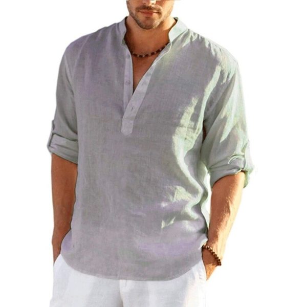T Shirt manches longues en lin pour homme ample d contract en coton couleur unie nouvelle 4