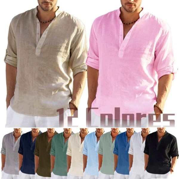 T Shirt manches longues en lin pour homme ample d contract en coton couleur unie nouvelle