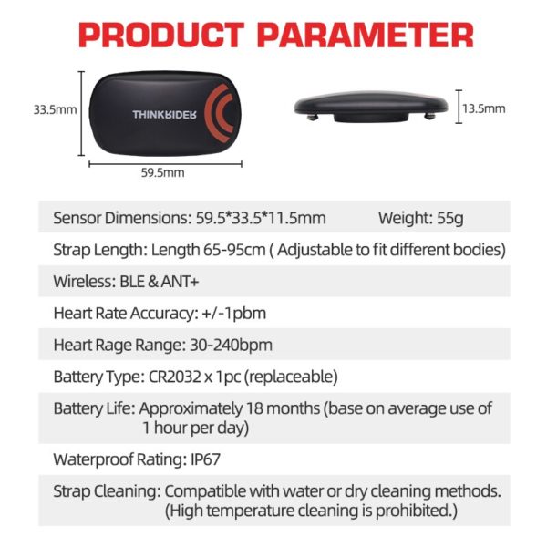 ThinkRider – moniteur de fréquence cardiaque, sangle de poitrine, capteur de Fitness ANT , ceinture Compatible Wahoo Polar Garmin connecté Cycl – Image 2