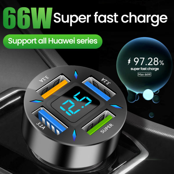 Chargeur de voiture 4 Ports USB 66W PD Quick Charge 3.0, adaptateur pour téléphone iPhone 13 12 Xiaomi Samsung – Image 2
