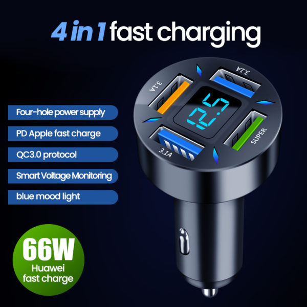 Chargeur de voiture 4 Ports USB 66W PD Quick Charge 3.0, adaptateur pour téléphone iPhone 13 12 Xiaomi Samsung – Image 3