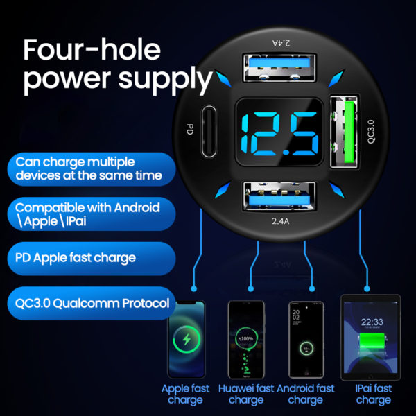 Chargeur de voiture 4 Ports USB 66W PD Quick Charge 3.0, adaptateur pour téléphone iPhone 13 12 Xiaomi Samsung – Image 4