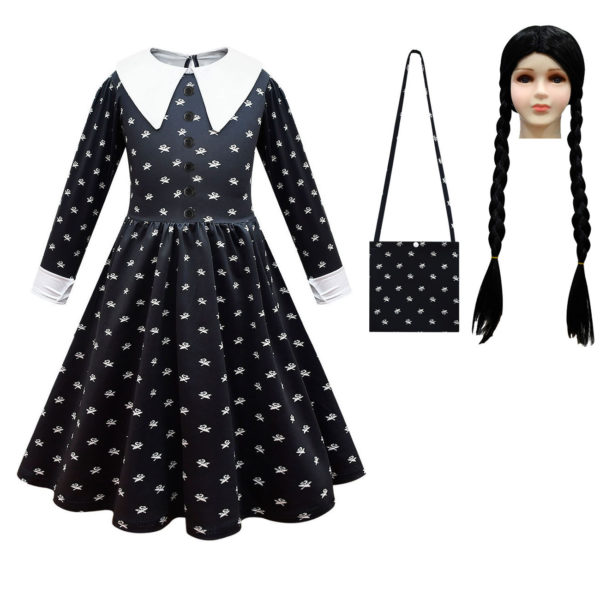 Costumes d halloween pour enfants pour filles ensemble de robe et de sac perruque tenues noires 1