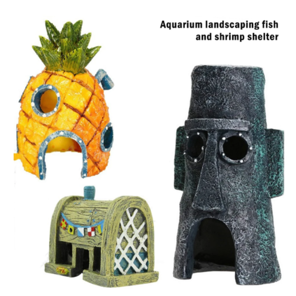 Décor d'aquarium à motifs de dessins animés, Simulation d'ornements en résine, maison d'ananas, décoration d'aquarium, accessoires d'aménagement paysager