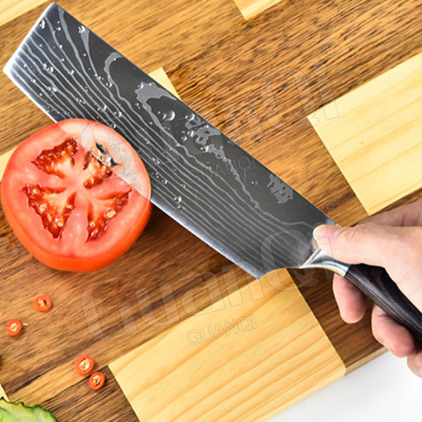 Ensemble de couteaux de cuisine professionnels, couperet tranchant, manche en bois, outil de cuisine, Laser, motif damas, ensemble de couteaux – Image 5