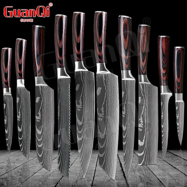 Ensemble de couteaux de cuisine professionnels, couperet tranchant, manche en bois, outil de cuisine, Laser, motif damas, ensemble de couteaux
