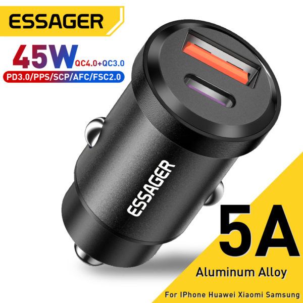Essager – chargeur de voiture USB type-c 45W QC 4.0 PD 3.0 SCP 5A, charge rapide pour iPhone 14 13 Pro, Huawei Xiaomi Samsung S22 Ultra