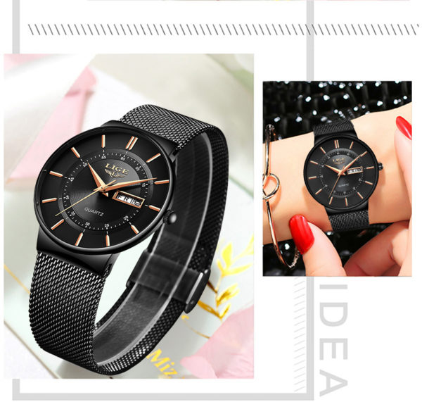 LIGE montre Bracelet Ultra mince de luxe pour femmes Bracelet en maille tanche horloge Quartz 3