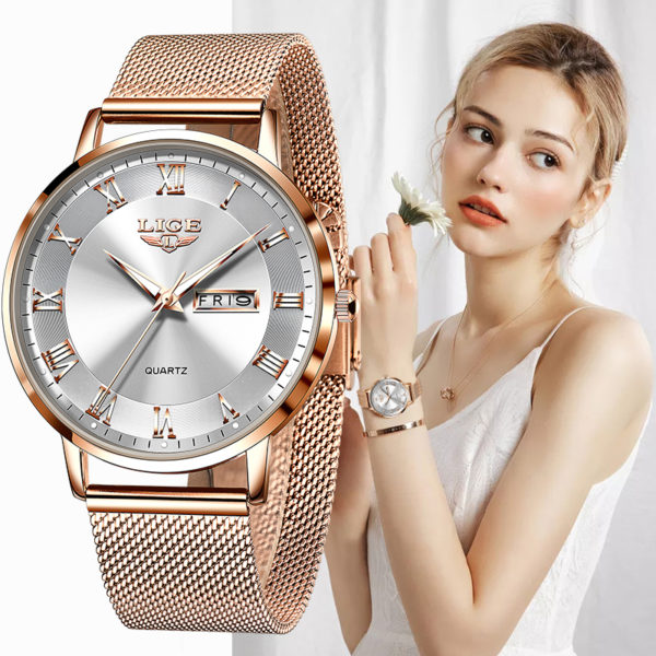 LIGE montre Ultra mince pour femmes Top marque de luxe mode dames horloge en acier
