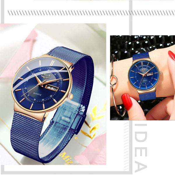 LIGE montres de luxe pour femmes marque de luxe Ultra mince calendrier semaine montre Quartz pour 2
