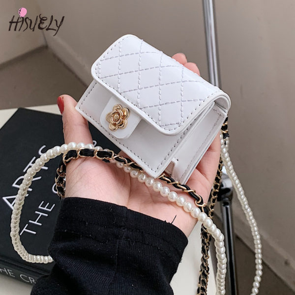 Mini sac en cuir de luxe pour femmes, 2023, sacs camélia suspendus au cou, losange écouteur/rouge à lèvres/clés, sac de perles chaîne poitrine, sac de taille – Image 4
