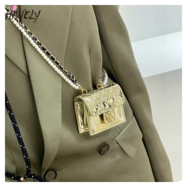 Mini sac en cuir de luxe pour femmes, 2023, sacs camélia suspendus au cou, losange écouteur/rouge à lèvres/clés, sac de perles chaîne poitrine, sac de taille – Image 6
