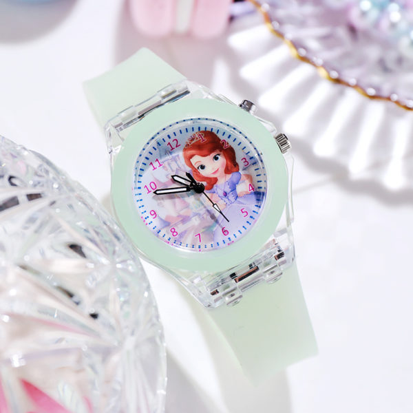 Montre princesse Disney la reine des neiges pour filles, montre lumineuse Elsa pour enfants écoliers, horloge à lumières colorées en Silicone – Image 2