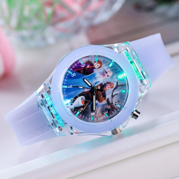 Montre princesse Disney la reine des neiges pour filles, montre lumineuse Elsa pour enfants écoliers, horloge à lumières colorées en Silicone – Image 3