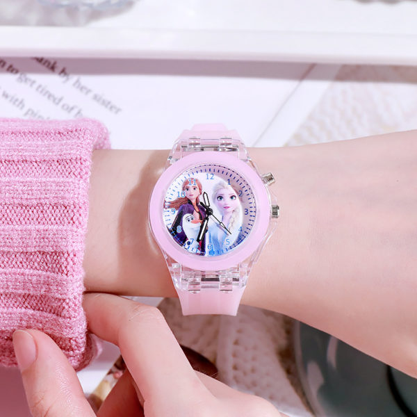 Montre princesse Disney la reine des neiges pour filles, montre lumineuse Elsa pour enfants écoliers, horloge à lumières colorées en Silicone – Image 4