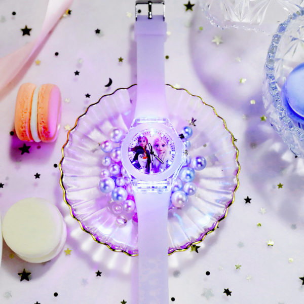 Montre princesse Disney la reine des neiges pour filles, montre lumineuse Elsa pour enfants écoliers, horloge à lumières colorées en Silicone – Image 6