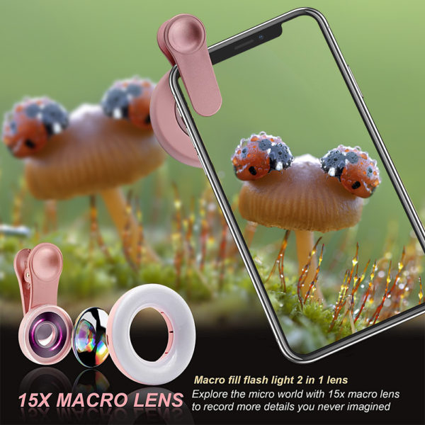 Objectif Macro 15X téléphone portable objectif de caméra HD avec anneau LED Flash lumière Smartphone Selfie Live lampe lumière de remplissage – Image 2